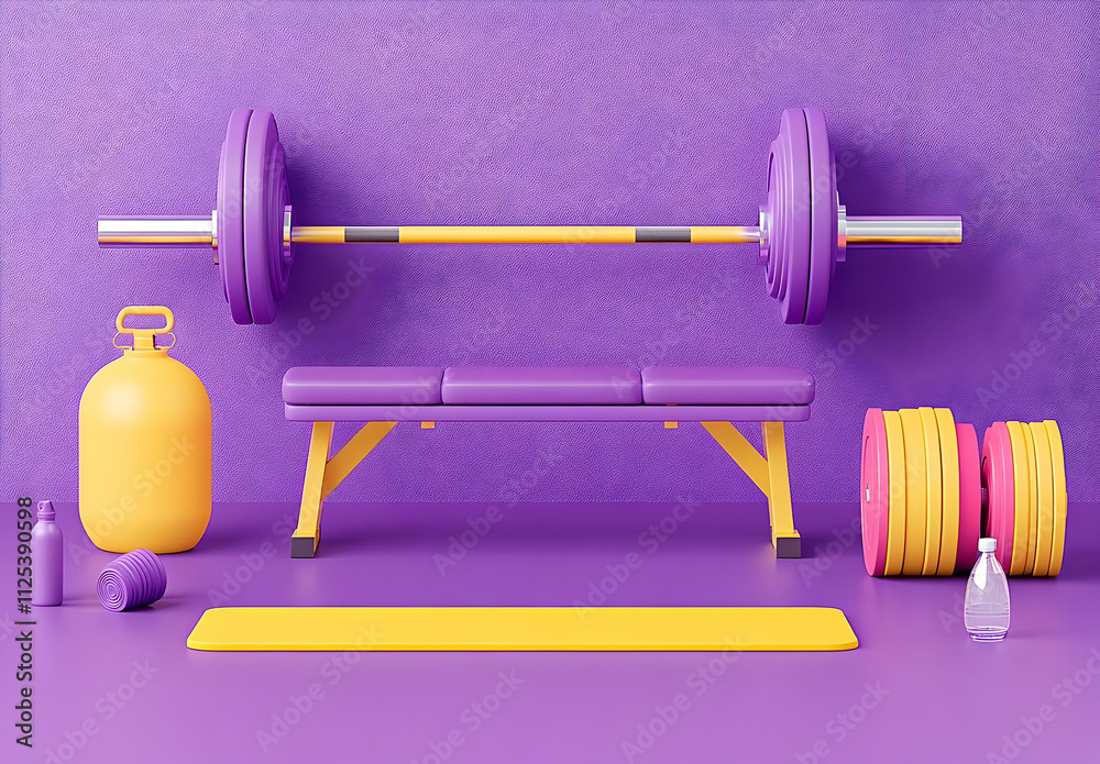 A vibrant 3D rendered image showcasing a gym scene with a purple and yellow color scheme, including a bench press, dumbbells, and a yoga mat against a solid background. A vibrant 3D rendered image showcasing a gym scene with a purple and yellow color scheme, including a bench press, dumbbells, and a yoga mat against a solid background.