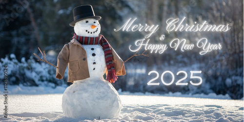 Obraz na płótnie Życzenia Merry Christmas Happy New Year 2025 w tle Bałwan ulepiony ze śniegu w kapeluszu szaliku i kubraku na leśnej polanie w salonie
