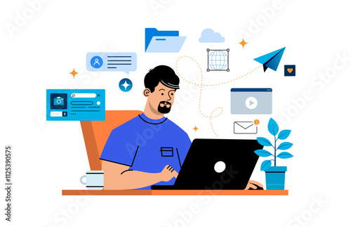 Young man working at laptop.