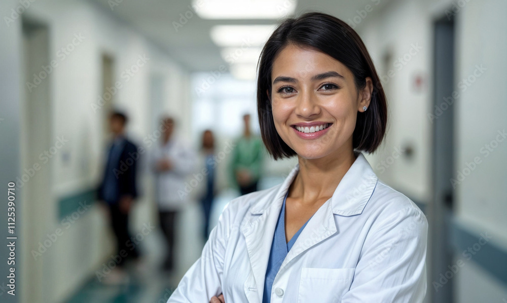 Portrait of smiling female doctor standing in hospital corridor Portrait of smiling female doctor standing in hospital corridor