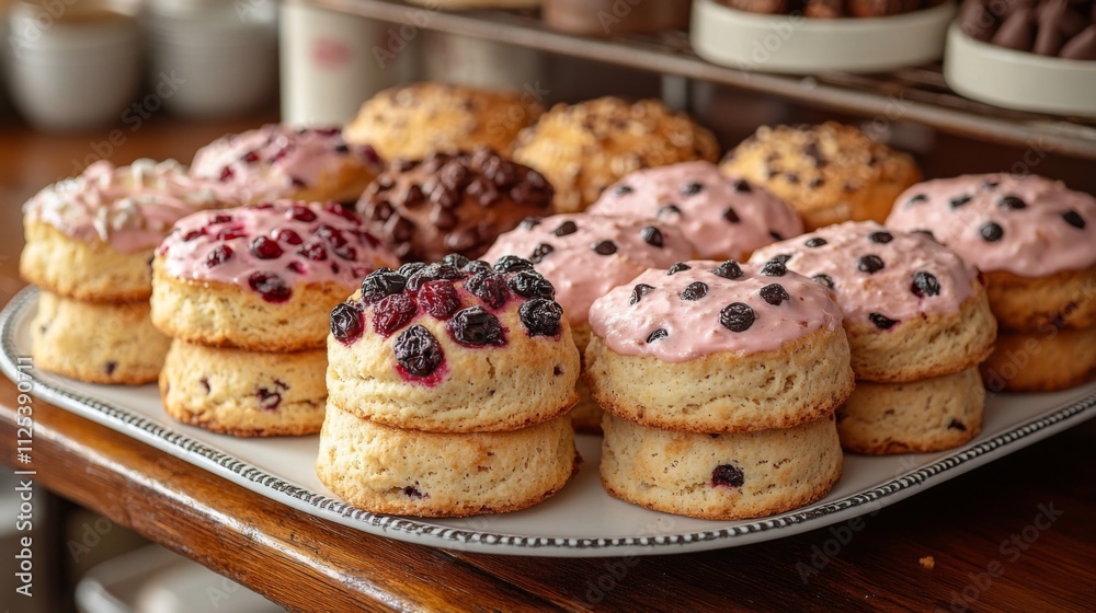 A tempting array of freshly baked scones is beautifully arranged on a plate, showcasing a mix of flavors with colorful toppings in a warm bakery atmosphere. A tempting array of freshly baked scones is beautifully arranged on a plate, showcasing a mix of flavors with colorful toppings in a warm bakery atmosphere.