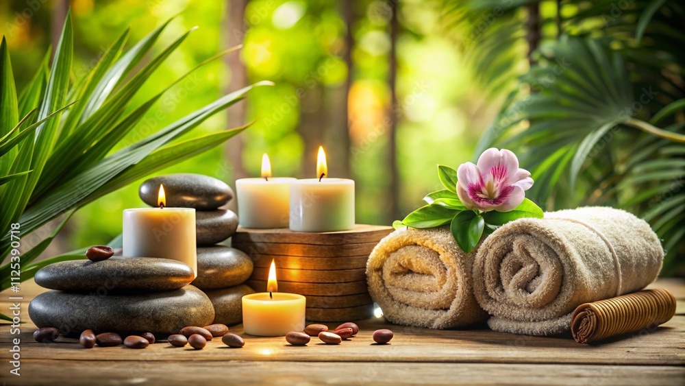 Spa Concept - Massage Stones With Towels And Candles In Natural Background
Spa Concept - Massage Stones With Towels And Candles In Natural Background