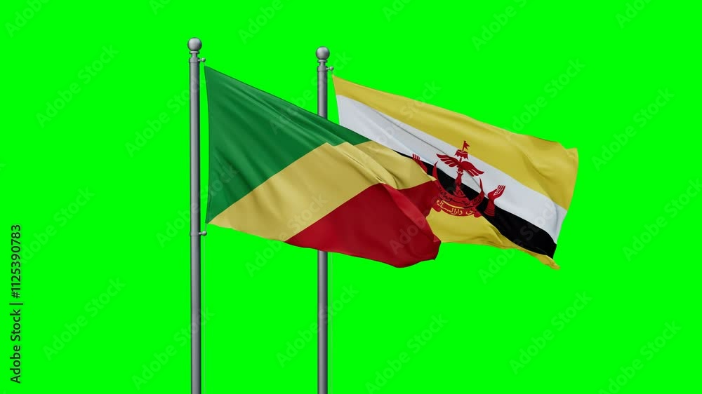 Congo Brazzaville and Brunei flags flying together, video concept of the relationship with colored chroma key for easy background remove Congo Brazzaville and Brunei flags flying together, video concept of the relationship with colored chroma key for easy background remove