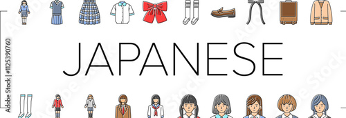 japanese school girl korea child icons set vector. uniform asian, japan, korean people, student homework, classroom, smile pre japanese school girl korea child color line illustrations