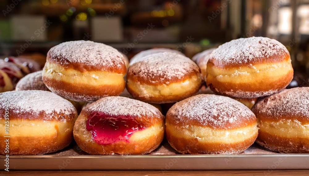 Polish doughnuts filled with rose jam and topped with powdered sugar on a bakery counter. Polish doughnuts filled with rose jam and topped with powdered sugar on a bakery counter.