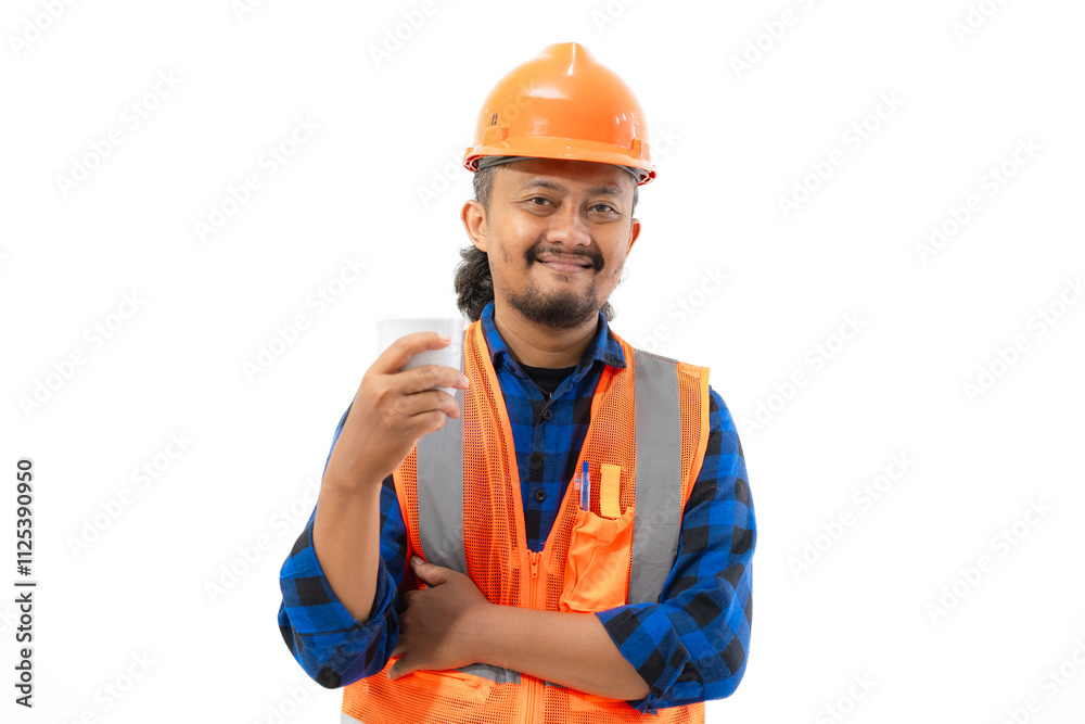 Indonesian male construction worker in full safety suit enjoying a cup of black coffee while working, construction and industry concept, isolated on white background. Indonesian male construction worker in full safety suit enjoying a cup of black coffee while working, construction and industry concept, isolated on white background.