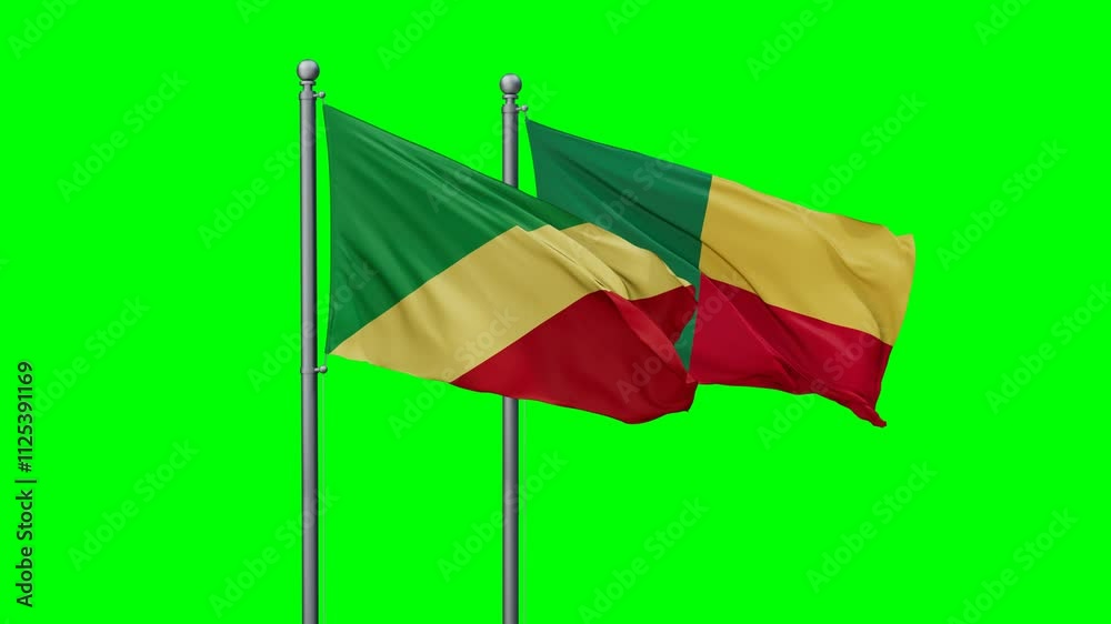 Congo Brazzaville and Benin flags flying together, video concept of the relationship with colored chroma key for easy background remove Congo Brazzaville and Benin flags flying together, video concept of the relationship with colored chroma key for easy background remove