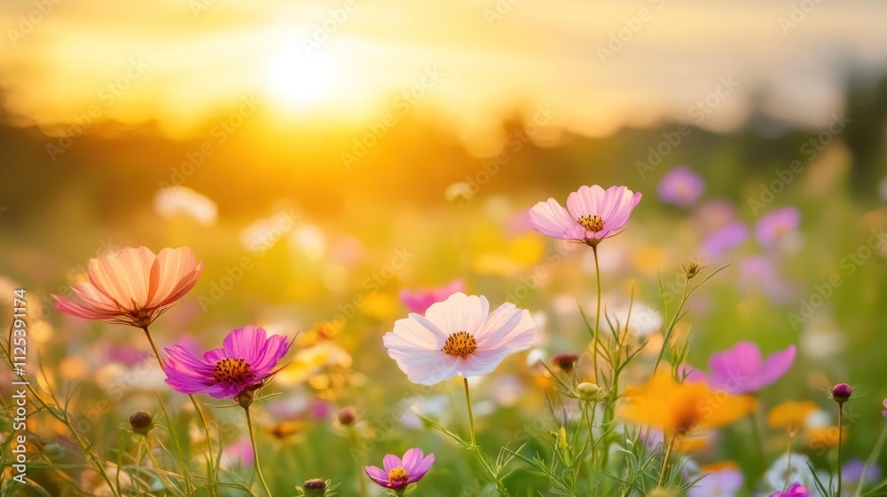 Vibrant cosmos flowers in a field at sunset. Vibrant cosmos flowers in a field at sunset.