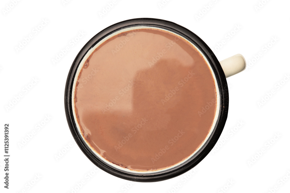 Hot chocolate or cocoa drink in an enamel mug isolated on a transparent background, top view Hot chocolate or cocoa drink in an enamel mug isolated on a transparent background, top view