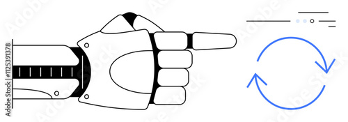 Robotic hand pointing right at blue circular arrows indicating repetition and continuous flow. Ideal for automation, robotics, future technology, AI, machine learning, innovation, and process