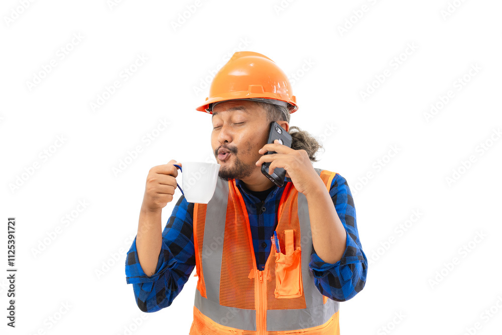 Indonesian male construction worker in full safety gear making voice call while enjoying a cup of coffee while working, construction and industrial work concept, isolated on white background. Indonesian male construction worker in full safety gear making voice call while enjoying a cup of coffee while working, construction and industrial work concept, isolated on white background.