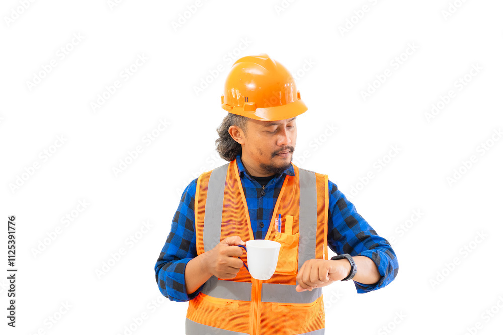 Indonesian male construction worker in full safety gear looking at time on his watch while enjoying a cup of coffee while working, construction and industry concept, isolated on white background. Indonesian male construction worker in full safety gear looking at time on his watch while enjoying a cup of coffee while working, construction and industry concept, isolated on white background.