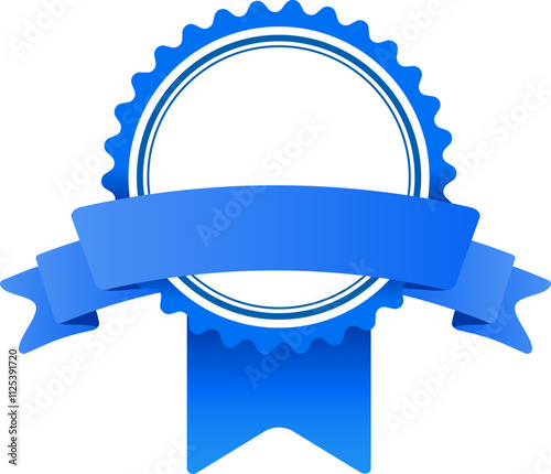 Round blue and white guarantee label featuring a blue ribbon symbolizes achievement, winning, quality certification, and premium warranty, representing excellence and satisfaction