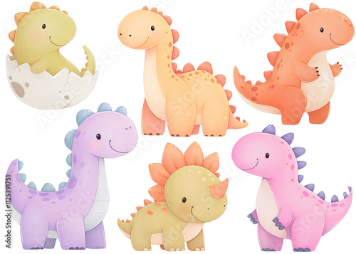 Fototapeta Naklejka Na Ścianę i Meble -  Cute Cartoon Dinosaurs Watercolor Set