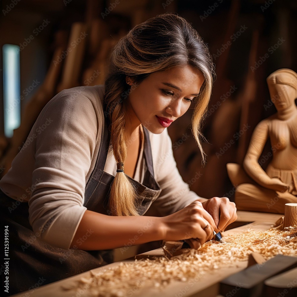 A captivating photo of an artisan carving a wooden sculpture, surrounded by wood shavings, showcasing the dedication and skill of traditional craftsmanship A captivating photo of an artisan carving a wooden sculpture, surrounded by wood shavings, showcasing the dedication and skill of traditional craftsmanship