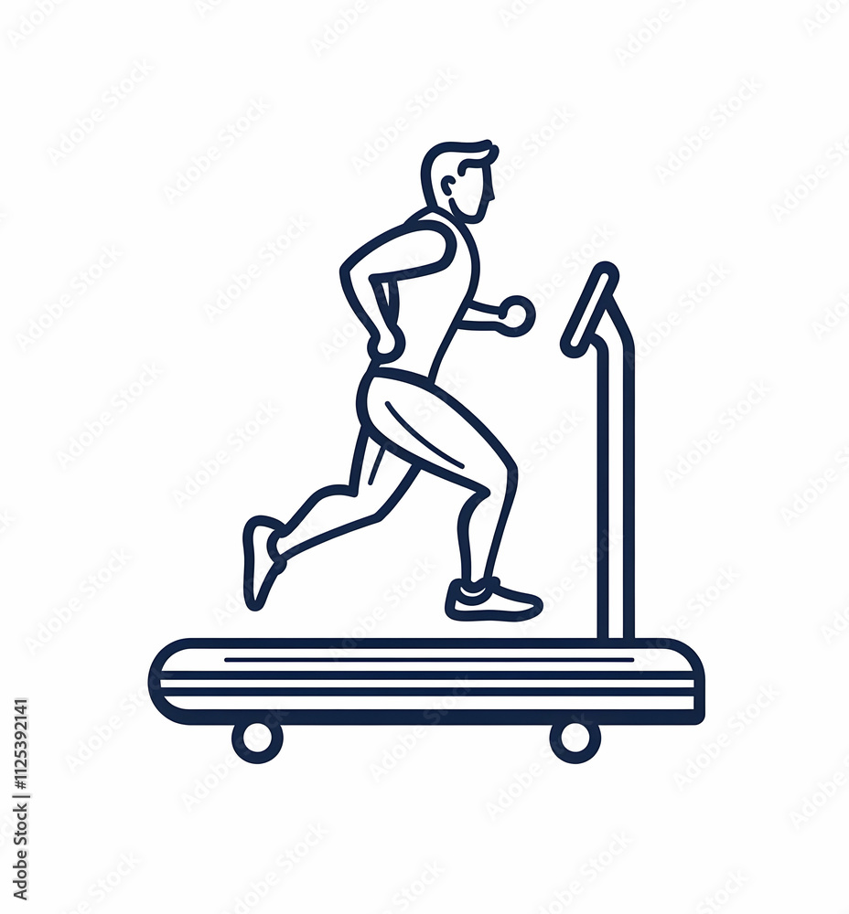 A minimalist vector icon illustrating an athlete running on a treadmill, designed with thin black lines and set against a clean white background for modern fitness branding.