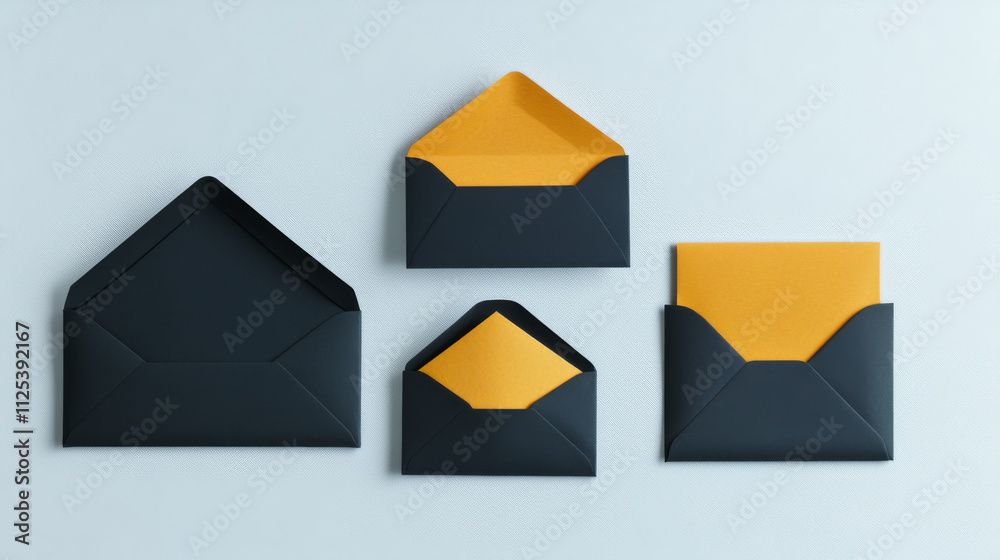 Black envelopes template set. Blank closed and open craft paper covers various size, letter package with yellow inside. Mock up of folder for business documents and messages, Realistic 3d vector Black envelopes template set. Blank closed and open craft paper covers various size, letter package with yellow inside. Mock up of folder for business documents and messages, Realistic 3d vector