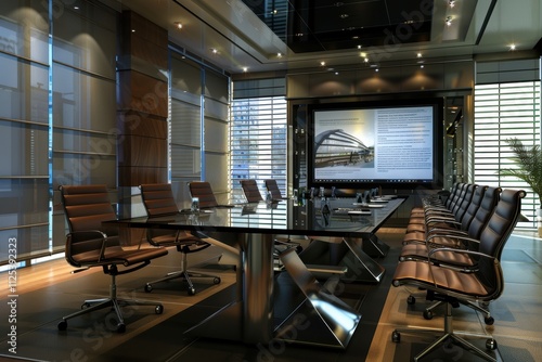 Modern Corporate Meeting Room with Mocha Mousse Chairs and Presentation Screen for Professional Settings