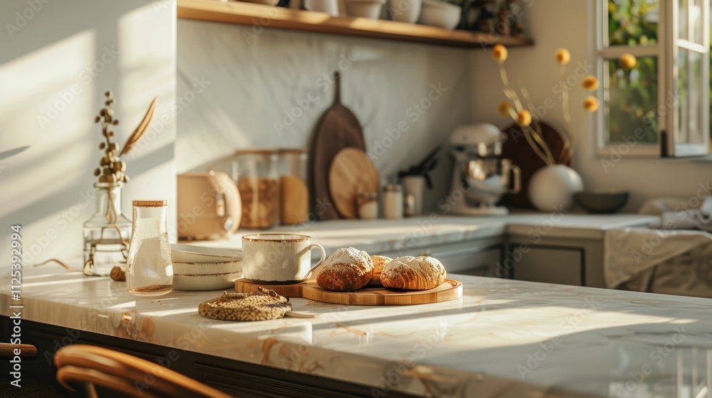 Cozy Kitchen with Mocha Mousse Barstools and Marble Countertop in Warm Natural Light Cozy Kitchen with Mocha Mousse Barstools and Marble Countertop in Warm Natural Light