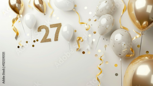 Number 27 birthday party with gold balloons and festive confetti