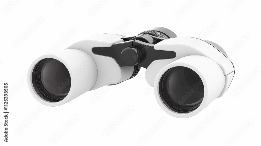 A pair of white and black binoculars designed for viewing distant objects clearly. A pair of white and black binoculars designed for viewing distant objects clearly.