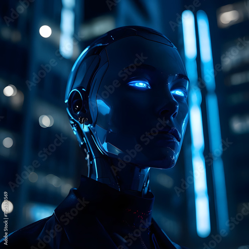 Portrait of Humanoid Robot under Neon Lighting with Urban Area Background