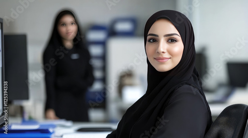 An Emirati woman sitting in front of her computer, wearing a black abaya.