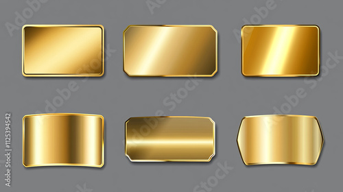 Holographic golden stickers, labels with gold gradient texture isolated on transparent background. Vector realistic set of blank hologram emblems different shapes with curved corners