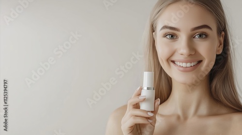 Woman is holding a bottle of lotion