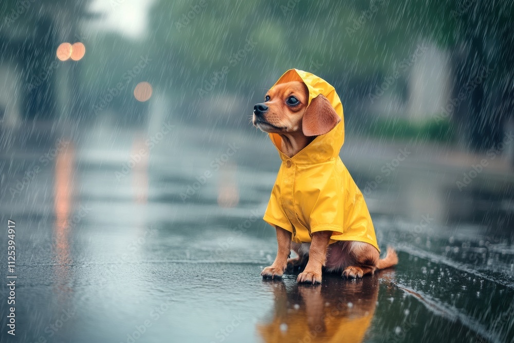 Fototapeta premium A small dog wearing a bright yellow raincoat sits comfortably on a wet city street during light rain, looking adorable and curious. Generative AI