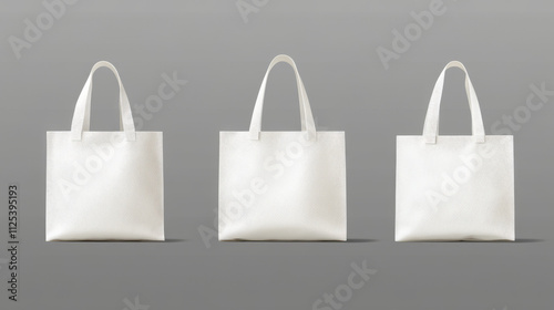 Tote bag mockups set isolated on transparent background. Vector realistic illustration of white fabric eco shoppers with handles, reusable square and round cloth handbags with blank space for branding photo