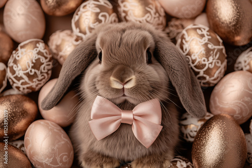 lop eared Easter bunny in dark muted mocha brown color wearing a satin bow surrounded with many ornate rose gold and muted mocha brown Easter eggs for 2025