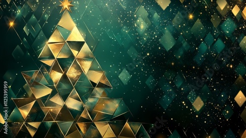 Golden low poly christmas tree with star on sparkling emerald green diamond background celebrating christmas holidays, copy space