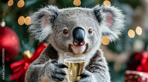 Fun celebration of the new year featuring a cheerful koala with champagne and festive props . high quality