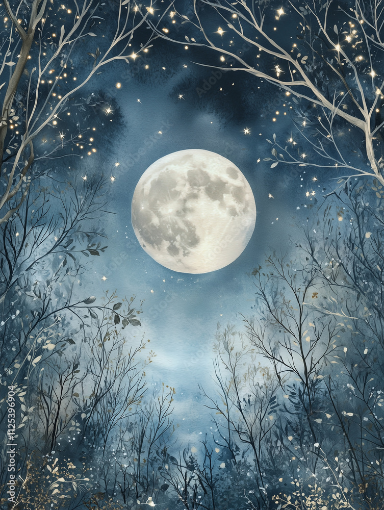 Naklejka premium Full moon glowing in a mystical forest with starry sky 