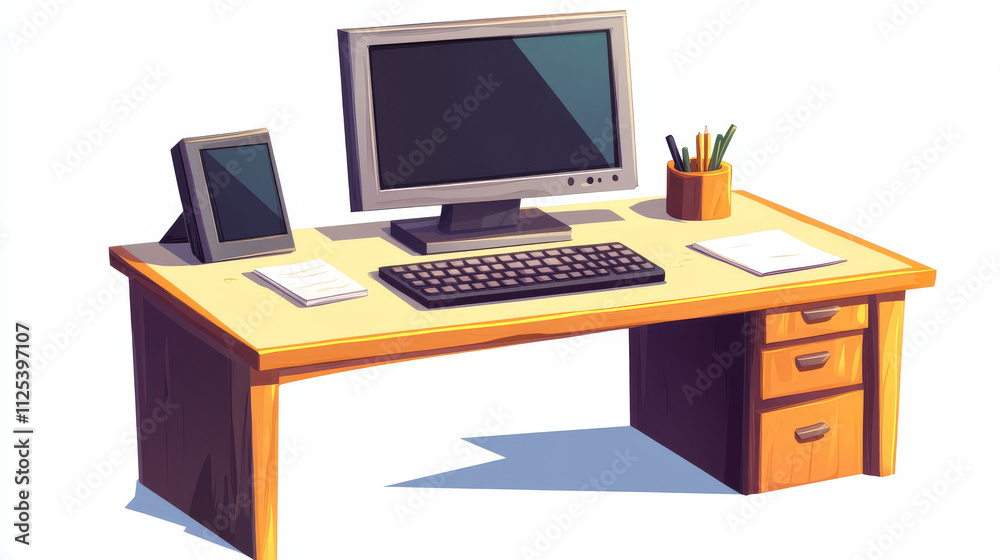 Office work desk top view and computer cartoon set. Workspace illustration isolated on white background with notebook, keyboard, monitor and phone. Creative graphic designer geek freelance equipment Office work desk top view and computer cartoon set. Workspace illustration isolated on white background with notebook, keyboard, monitor and phone. Creative graphic designer geek freelance equipment