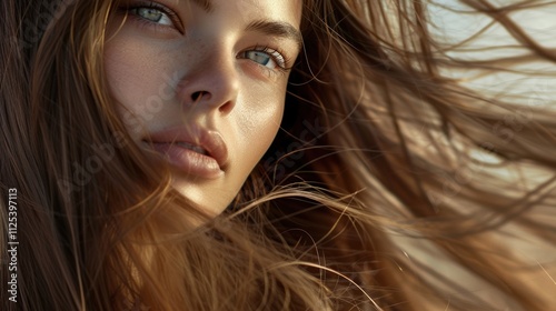 Close Up Portrait of a Woman with Windswept Hair and Natural Beauty