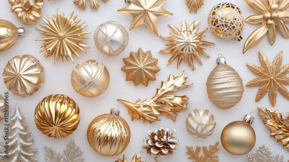 Gold christmas decoration on white background, flat lay, top view. christmas wallpaper. Ultra realistic. Photorealistic Gold christmas decoration on white background, flat lay, top view. christmas wallpaper. Ultra realistic. Photorealistic