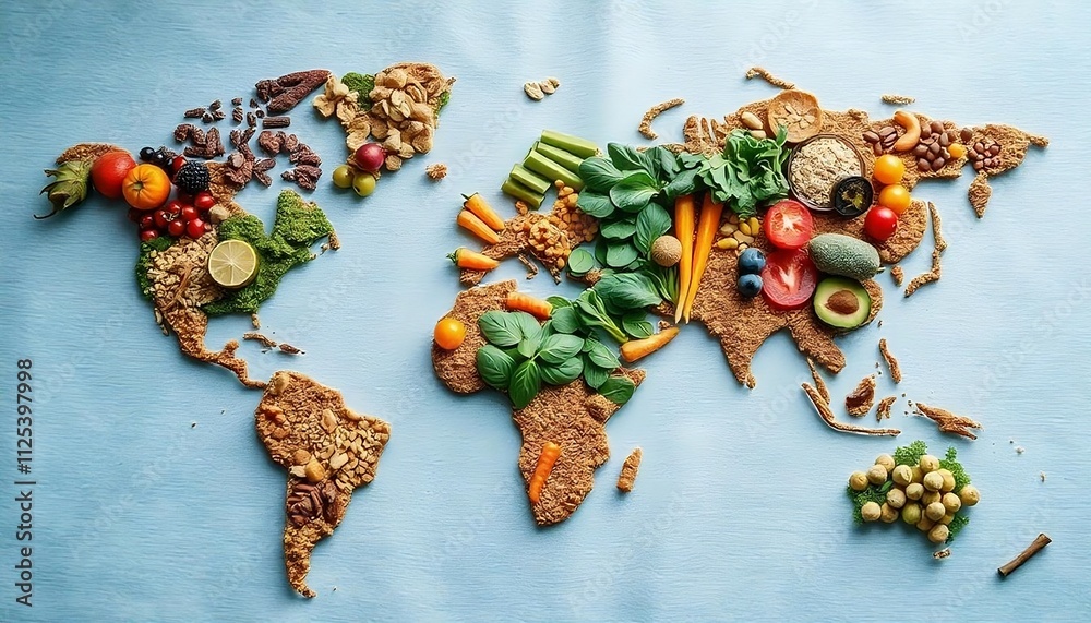 A world map of various healthy foods includes fruits, vegetables, grains, and legumes. Different colored foods represent the continents. healthy food world map, created with generative ai A world map of various healthy foods includes fruits, vegetables, grains, and legumes. Different colored foods represent the continents. healthy food world map, created with generative ai