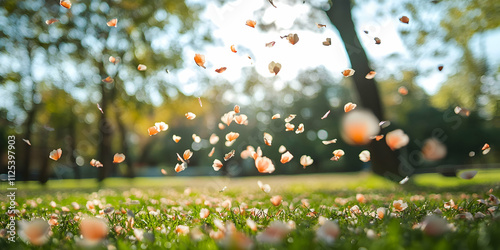 Petals floating in the air during a spring breeze, highlighting the seasona??s beauty photo