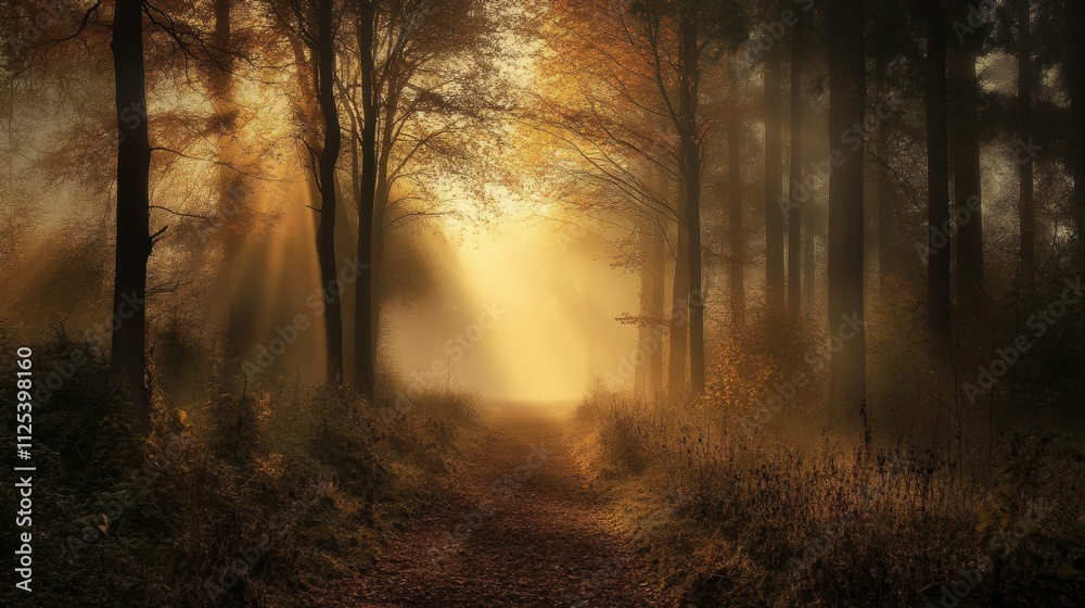 Obraz premium Sunbeams pierce misty autumn forest path.