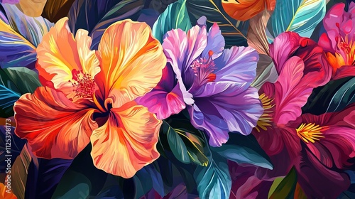 Vibrant floral seamless graphics, exotic flowers, bold colors, intricate details, modern layouts, lively textures.