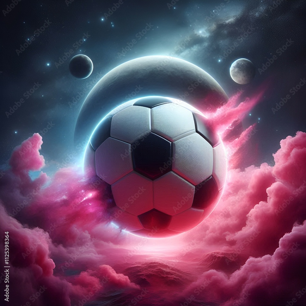 Fototapeta premium Floating Soccer Ball in a Vibrant Galactic Landscape