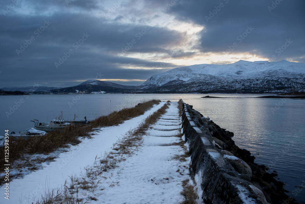 Pier, Norwegian sea and mountain, Kongsvika, Norway Pier, Norwegian sea and mountain, Kongsvika, Norway
