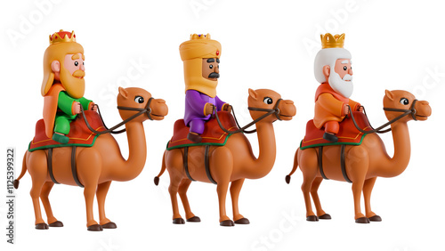 Cute Three Kings riding camels, 3D rendered on a white background