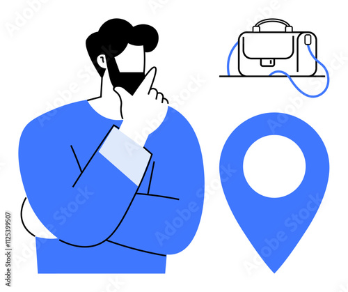 Businessperson in thoughtful pose with briefcase and map pin. Ideal for business strategies, travel planning, decision making, career development, project management, goal setting, and strategic