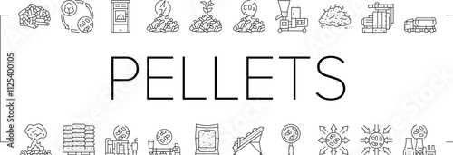 wood pellets timber plywood icons set vector. chip granule, energy fuel, tree panel, biomass pulp, alternative paper, cardboard wood pellets timber plywood black contour illustrations