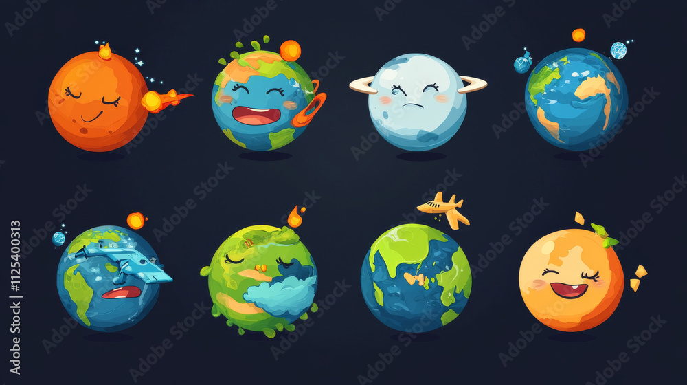 Cute planet Earth character with different emotions isolated on white background. Vector set of cartoon funny Earth smile, sleep, play with plane and ship, scared by meteorite. Creative emoji set Cute planet Earth character with different emotions isolated on white background. Vector set of cartoon funny Earth smile, sleep, play with plane and ship, scared by meteorite. Creative emoji set