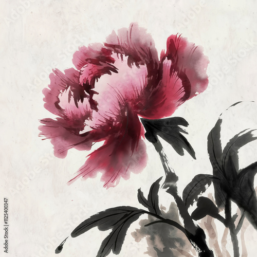 beautifultraditional Chinese ink painting of a delicate red and pink peony with soft purple petals, featured in a minimalist style on a white background, perfect for greeting cards