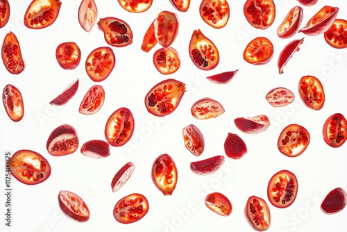 Falling identical pomegranate slices floating in the air isolated on white background